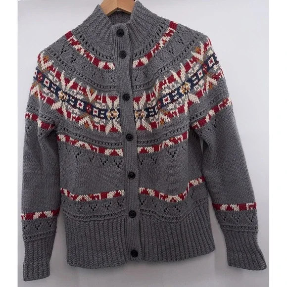LL Bean Signature 100% Cotton Fisherman Fair Isle Cardigan Sweater Nordic Thick - Picture 2 of 7
